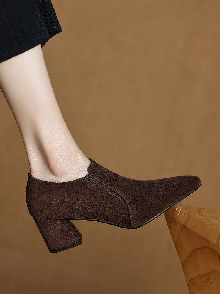 Women's Dark Brown Suede Pointed Toe Chunky Low Heel Pumps - Image 2