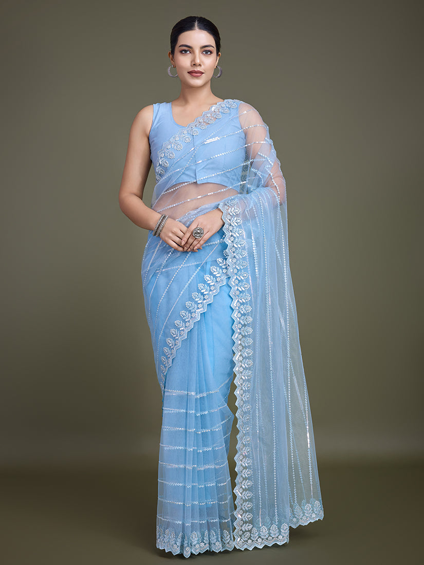 Sky blue soft net saree adorned with sparkling sequin work