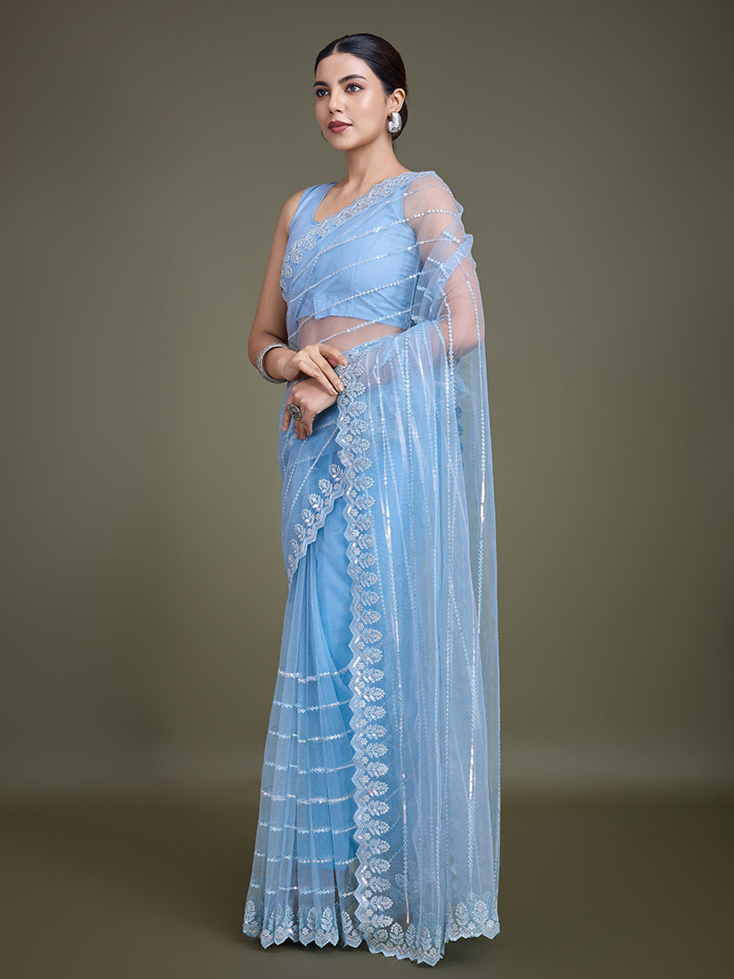 Sky Blue Sequin Work Soft Net Saree for Glamorous Look