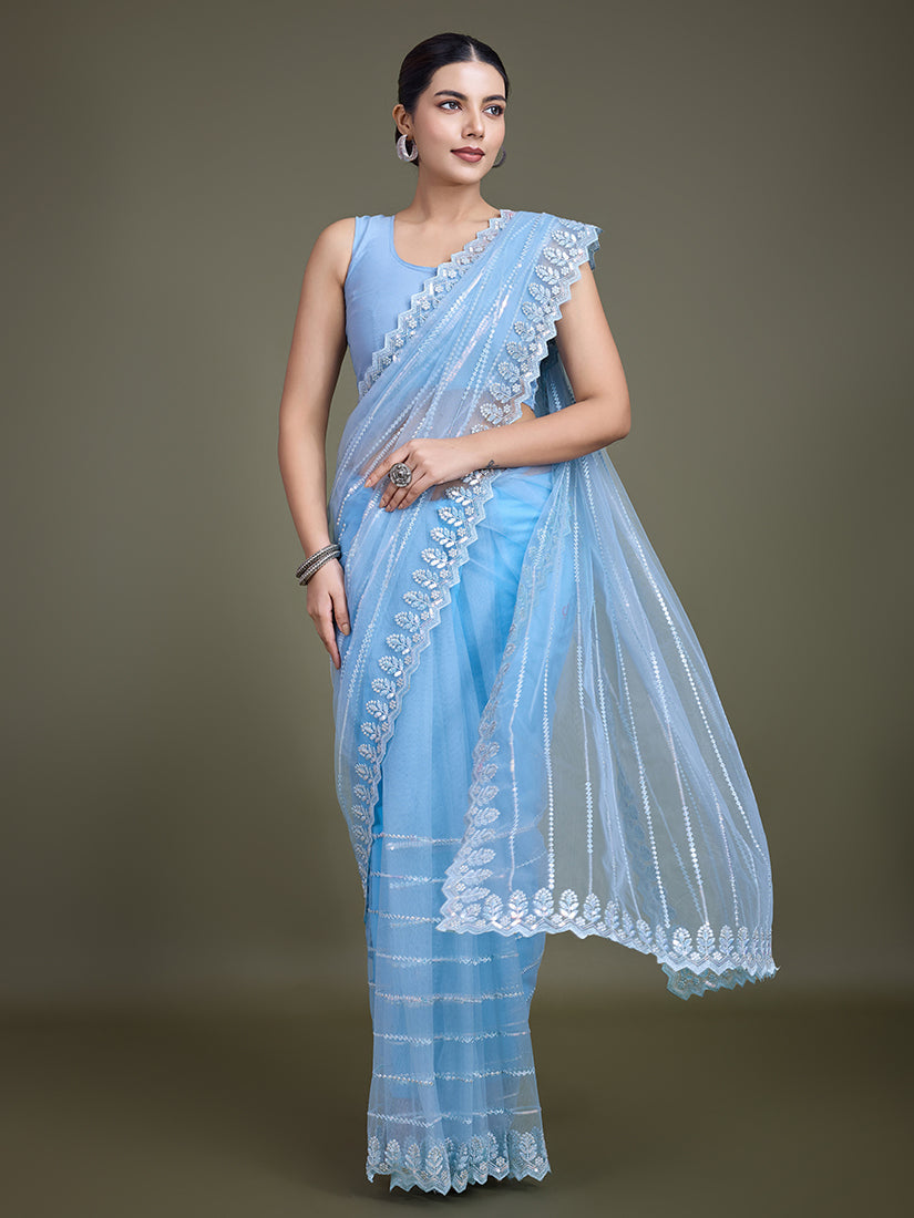 Sky Blue Sequin Work Soft Net Saree for Glamorous Look