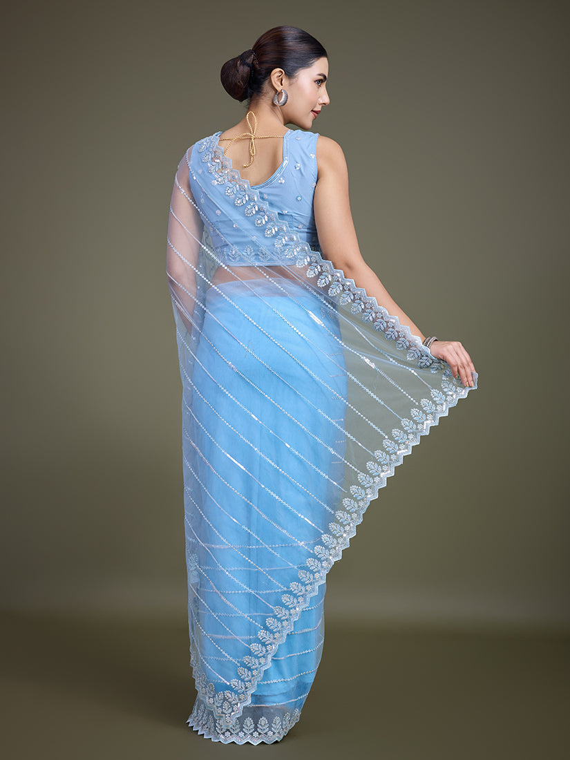 Sky Blue Sequin Work Soft Net Saree for Glamorous Look