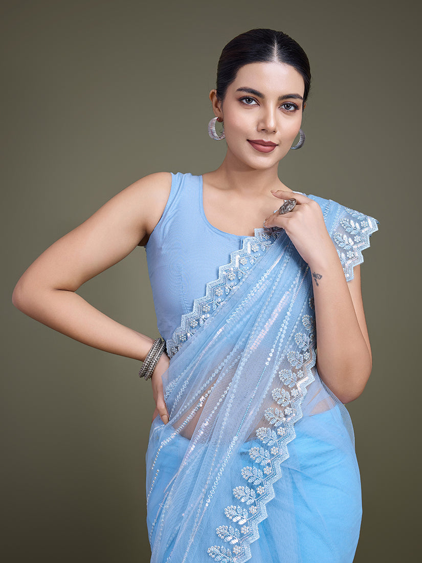 Sky Blue Sequin Work Soft Net Saree for Glamorous Look