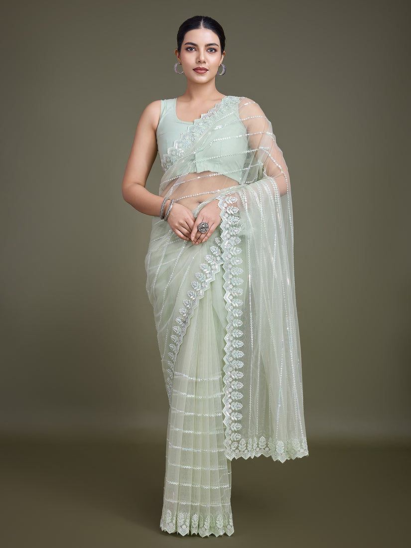 Light Green soft net saree featuring intricate sequin embroidery