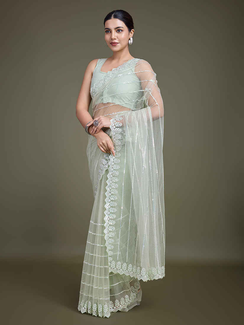 Light Green Sequin Work Soft Net Saree for Glamorous Evenings
