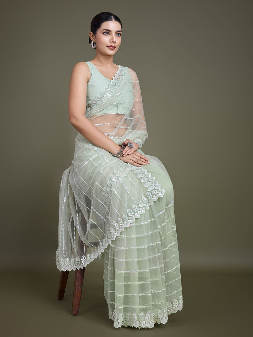 Light Green Sequin Work Soft Net Saree for Glamorous Evenings