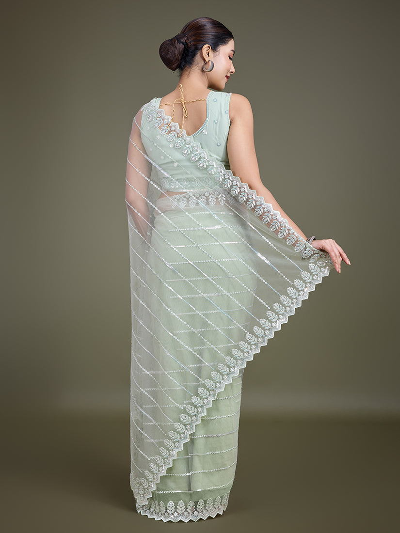 Light Green Sequin Work Soft Net Saree for Glamorous Evenings