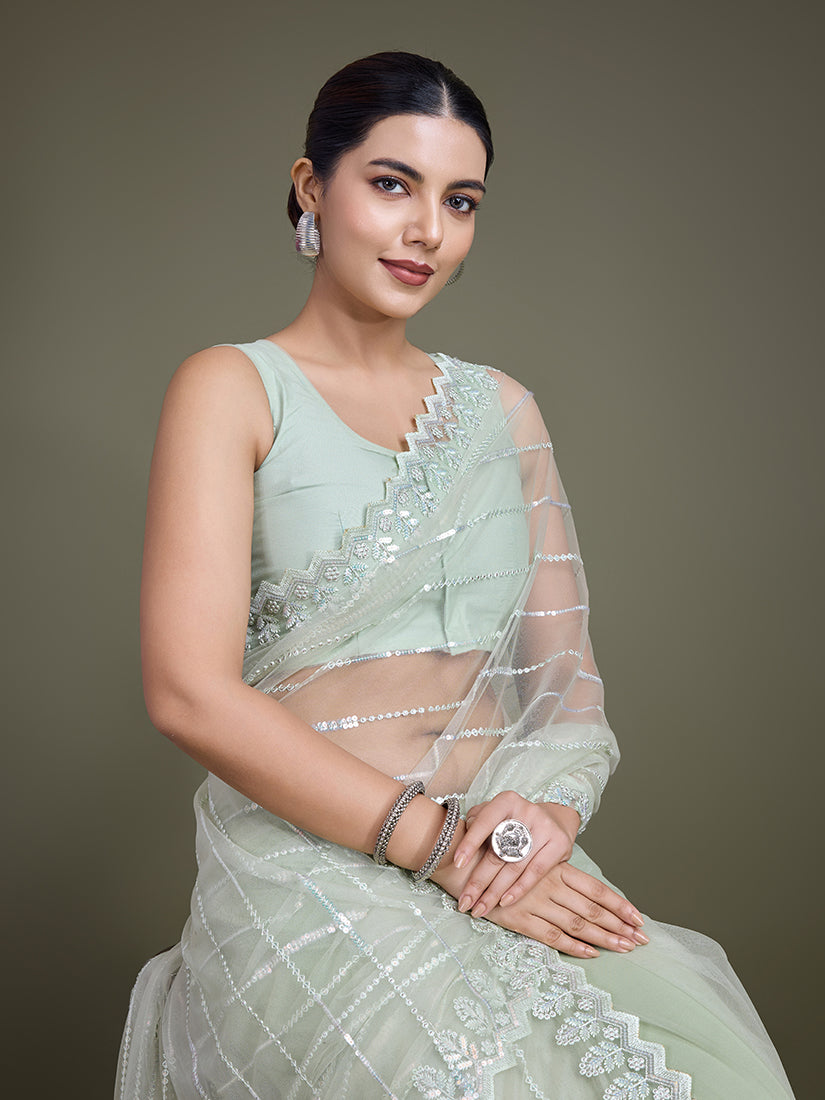Light Green Sequin Work Soft Net Saree for Glamorous Evenings