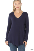 Luxe Rayon V-Neck Long Sleeve top in navy worn as a casual staple piece