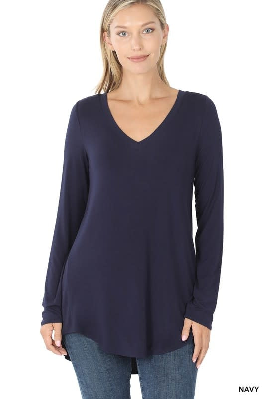 Luxe Rayon V-Neck Long Sleeve top in navy worn as a casual staple piece