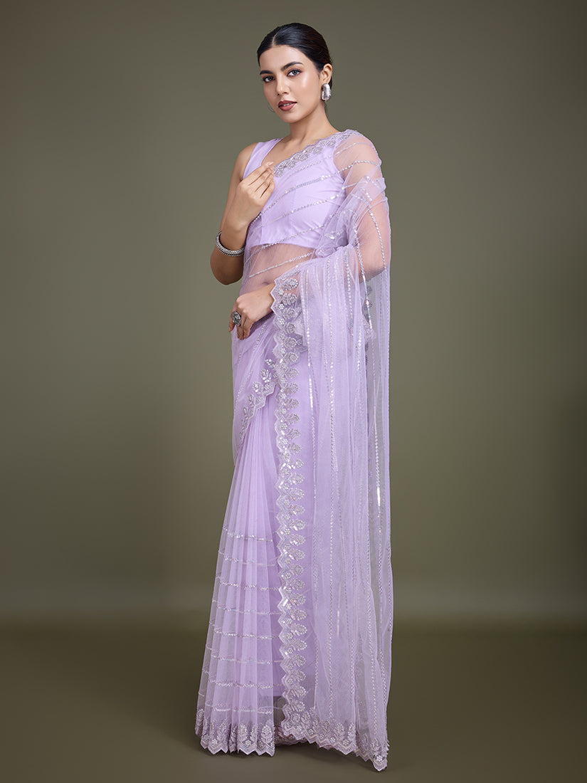 Lavender Sequin Work Soft Net Saree for Glamorous Evenings