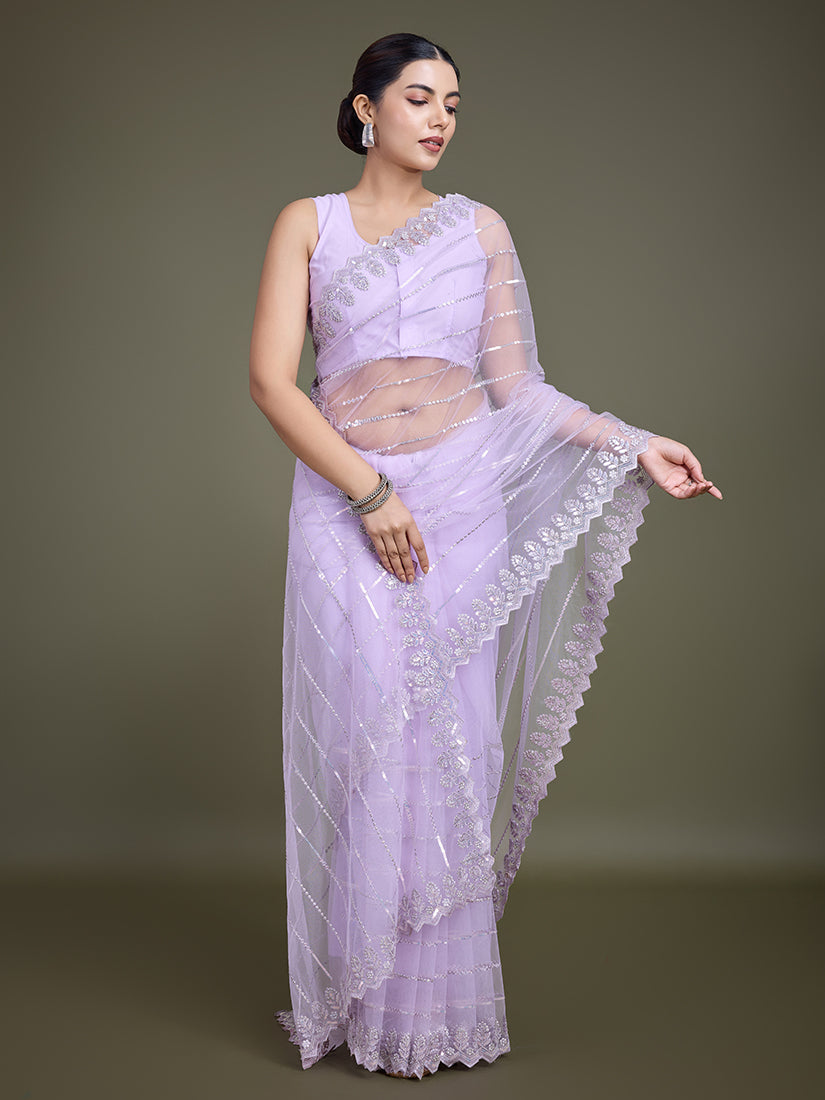 Lavender Sequin Work Soft Net Saree for Glamorous Evenings