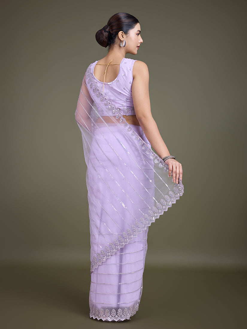 Lavender Sequin Work Soft Net Saree for Glamorous Evenings