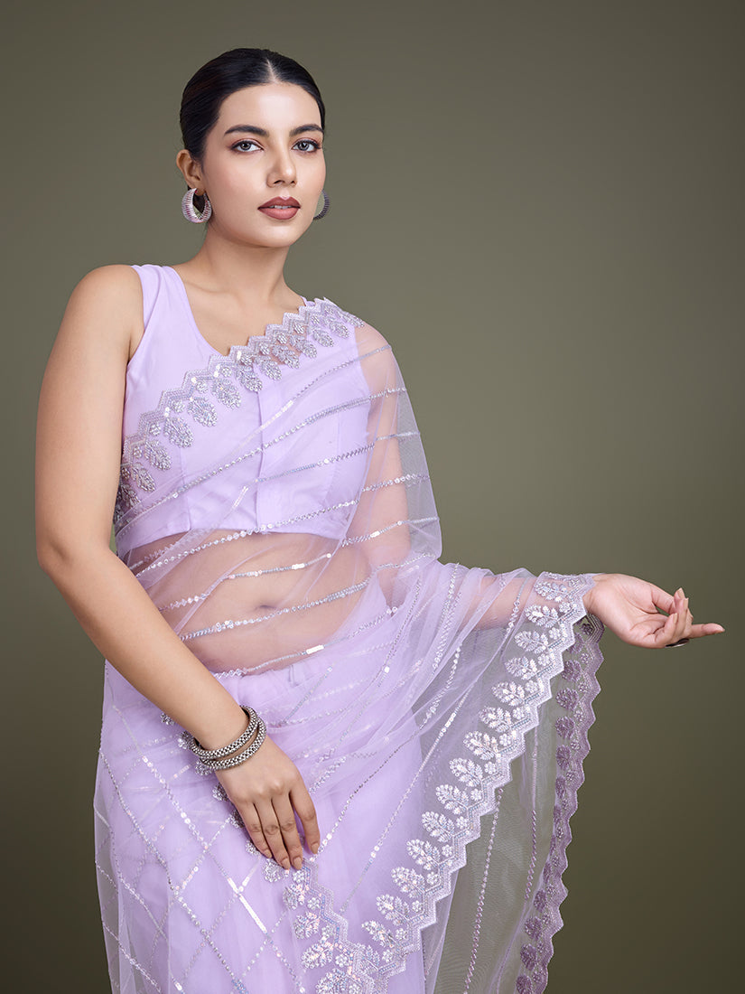 Lavender Sequin Work Soft Net Saree for Glamorous Evenings