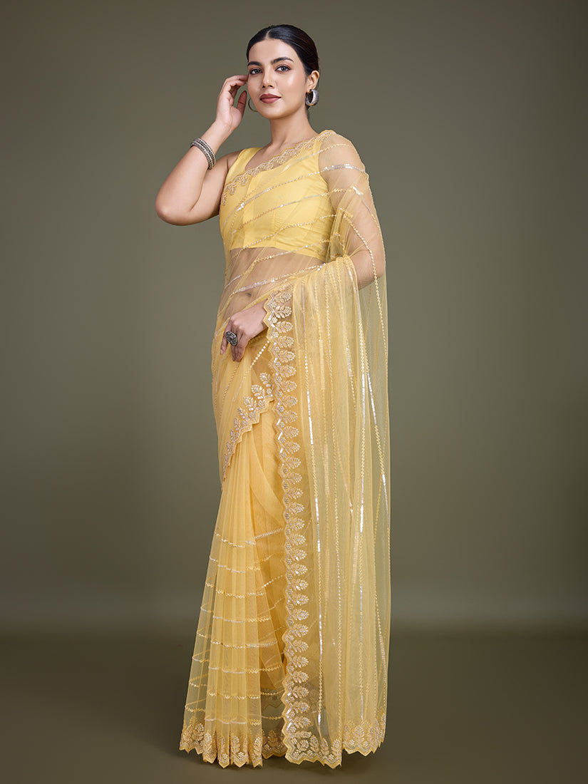 Glamorous Yellow Sequin Work Soft Net Saree for Women