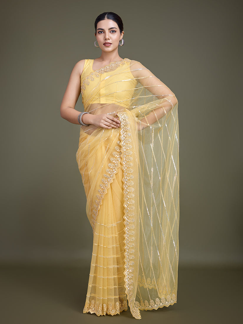 Glamorous Yellow Sequin Work Soft Net Saree for Women
