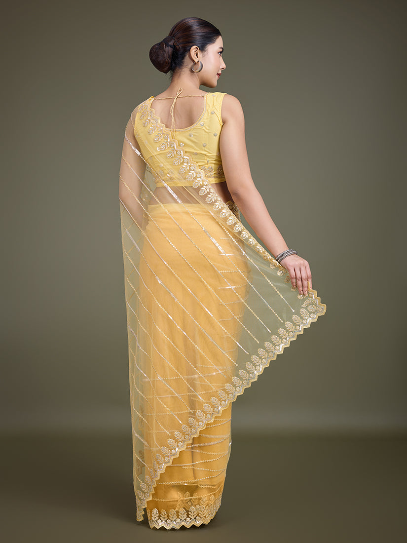 Glamorous Yellow Sequin Work Soft Net Saree for Women