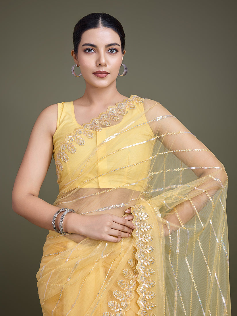 Glamorous Yellow Sequin Work Soft Net Saree for Women