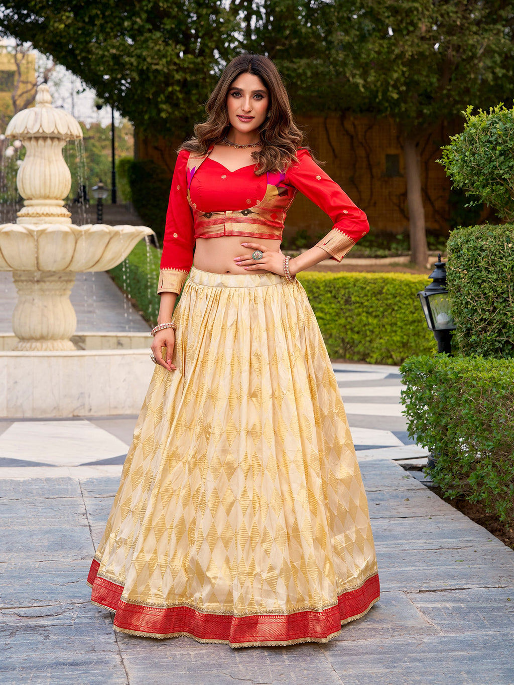 Cream Jacquard Silk Paithani Zari Lehenga Choli with matching Koti and intricate weaving