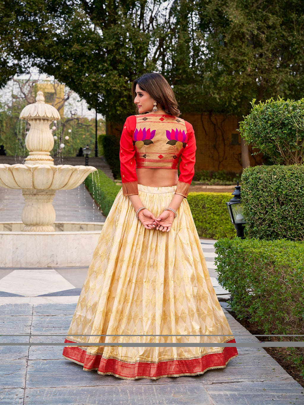 Cream Jacquard Silk Paithani Zari Lehenga Choli with Koti Co-ord