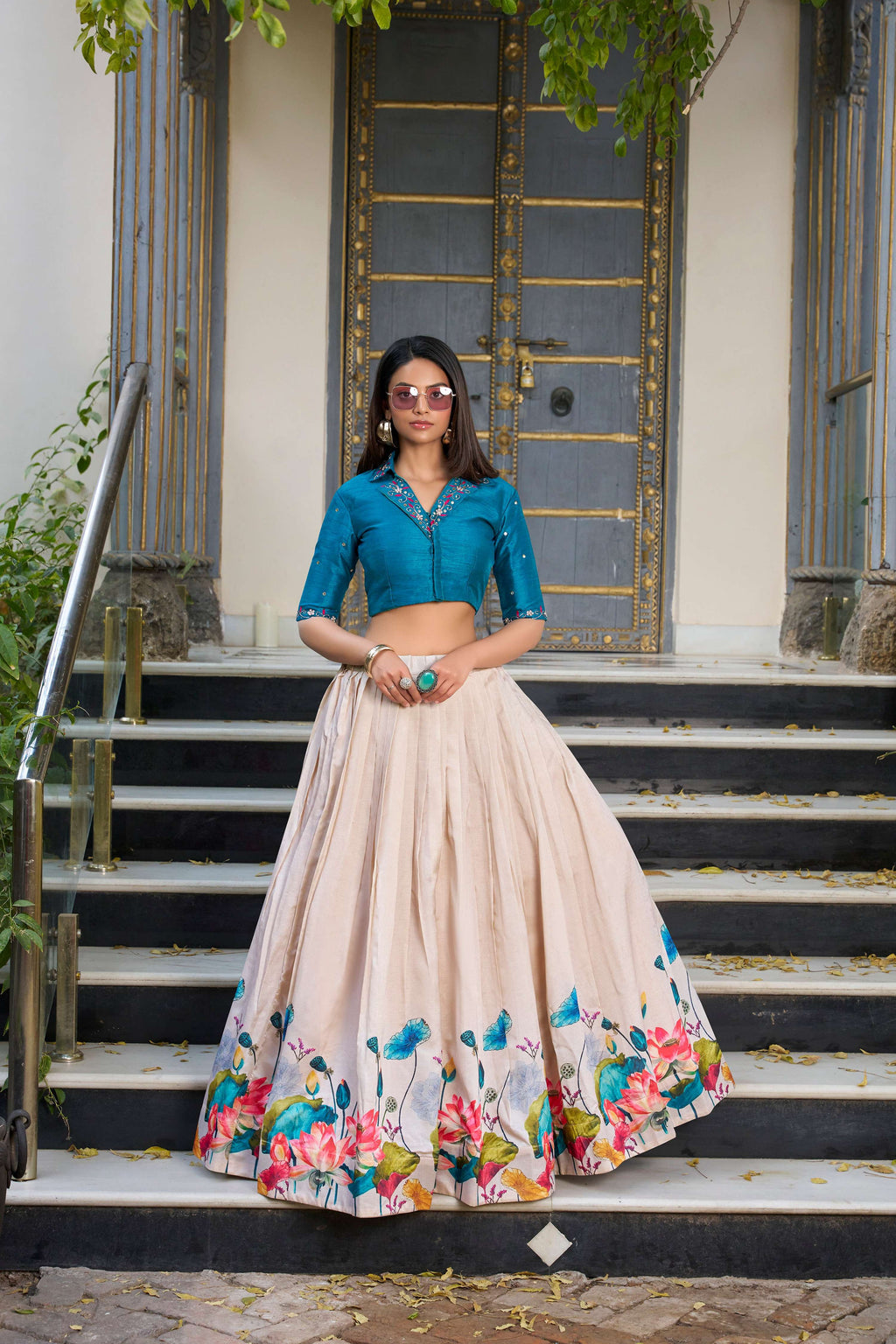 Offwhite Tussar Silk Floral Print Lehenga Choli - Traditional Fusion
