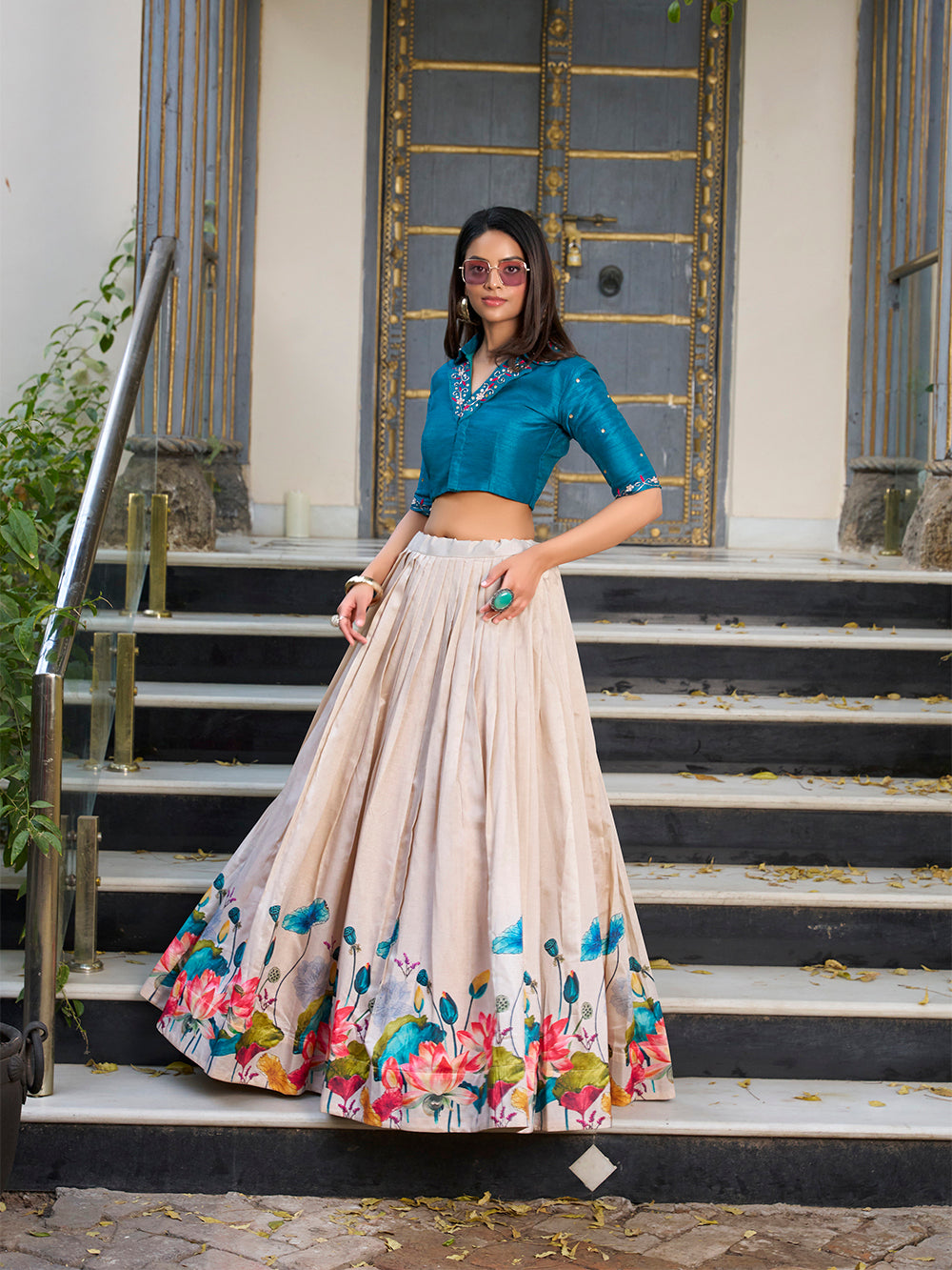 Offwhite Tussar Silk Floral Print Lehenga Choli - Traditional Fusion