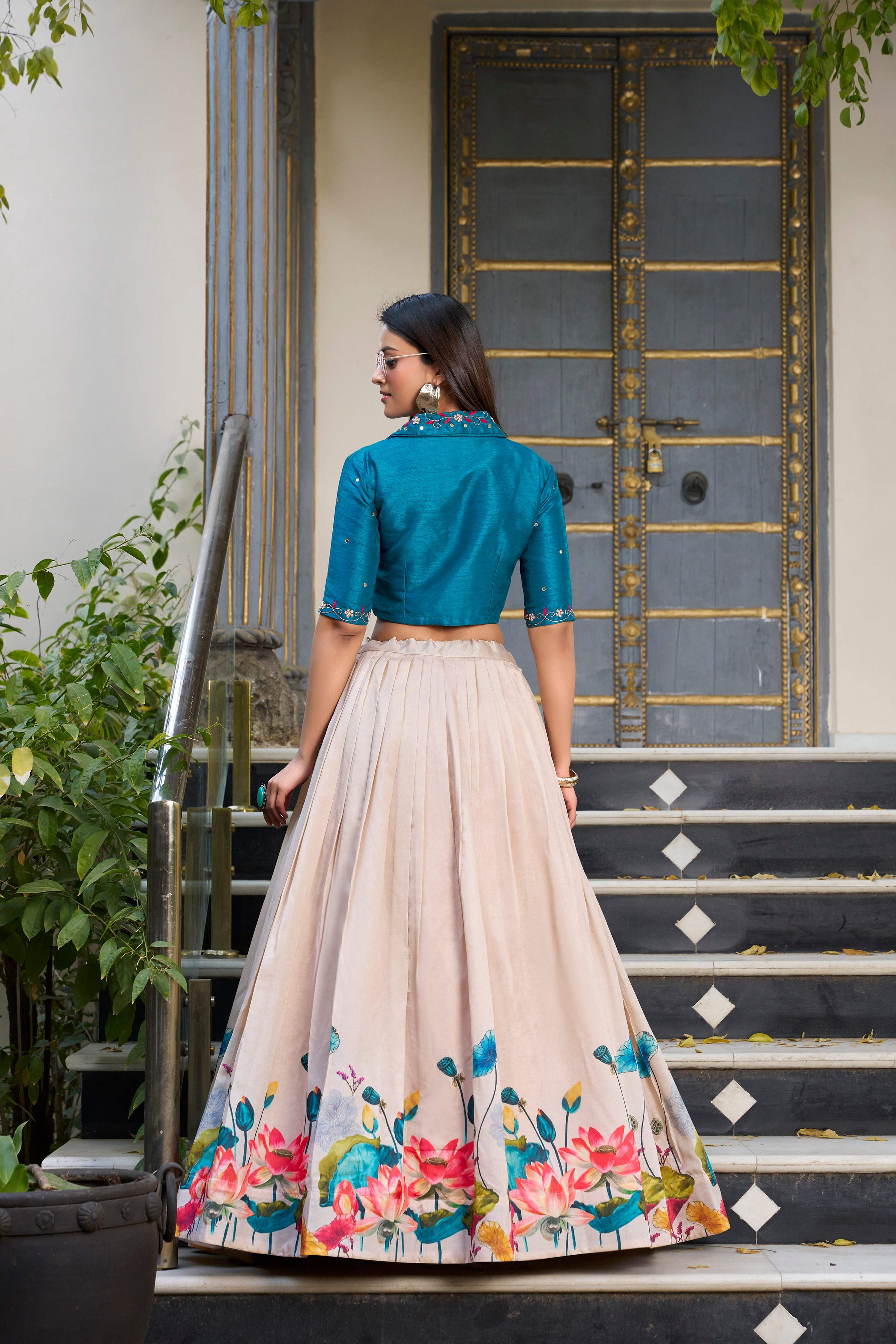 Offwhite Tussar Silk Floral Print Lehenga Choli - Traditional Fusion