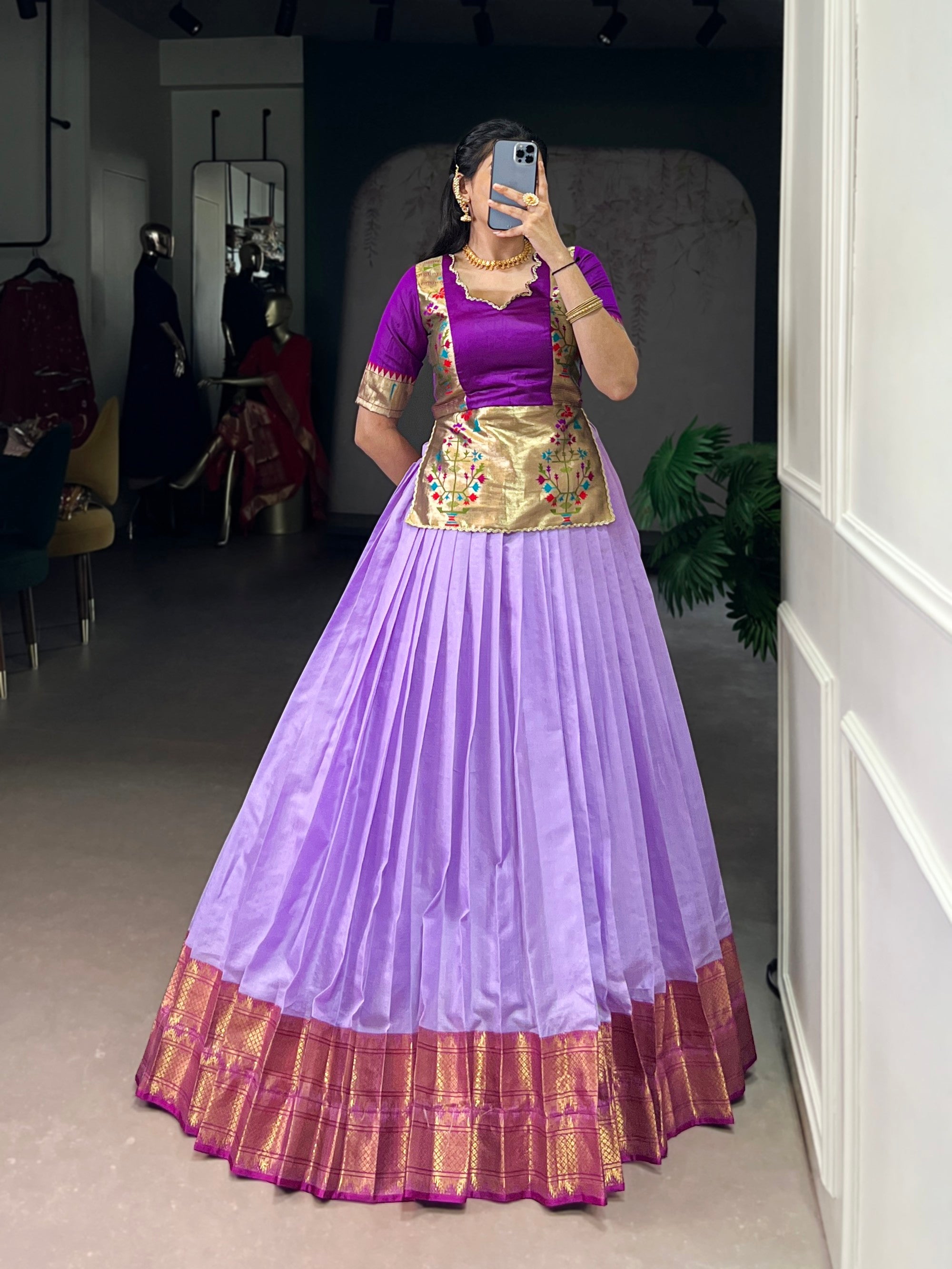 Lorenvalley Fashion Lavender Cotton Silk Zari Weaving Work Lehenga Choli