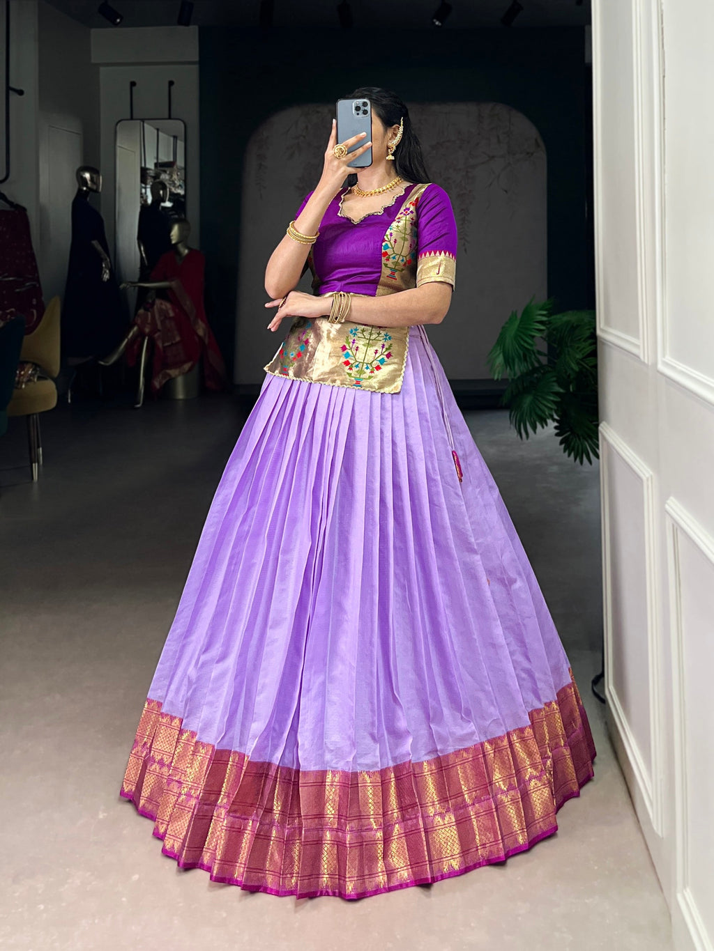 Lorenvalley Fashion Lavender Cotton Silk Zari Weaving Work Lehenga Choli