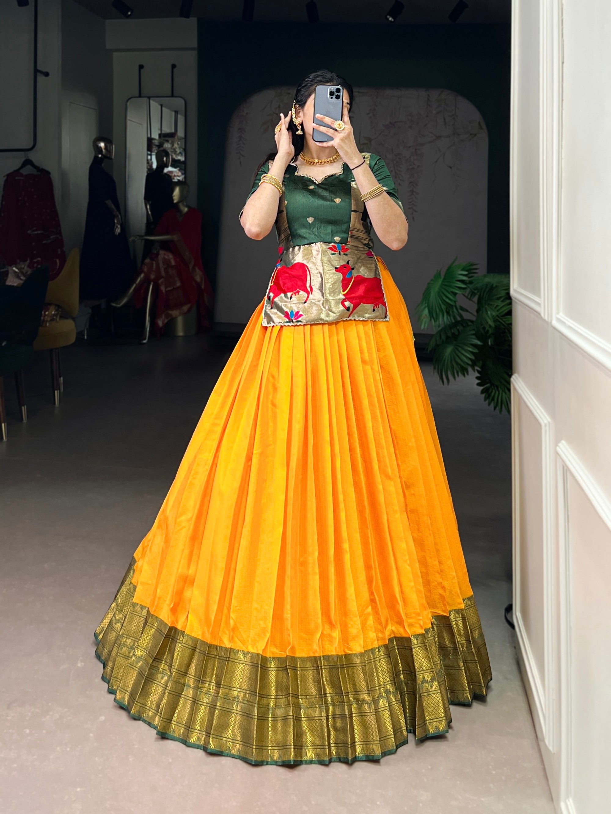 Mustard Cotton Silk Lehenga Choli with intricate gold Zari weaving work