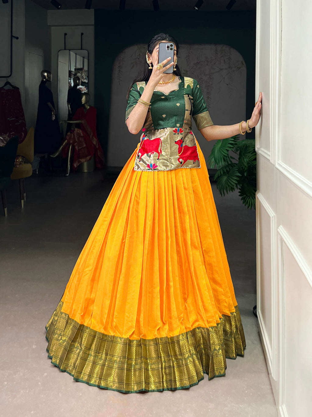 Mustard Cotton Silk Lehenga Choli with Zari Weaving Work