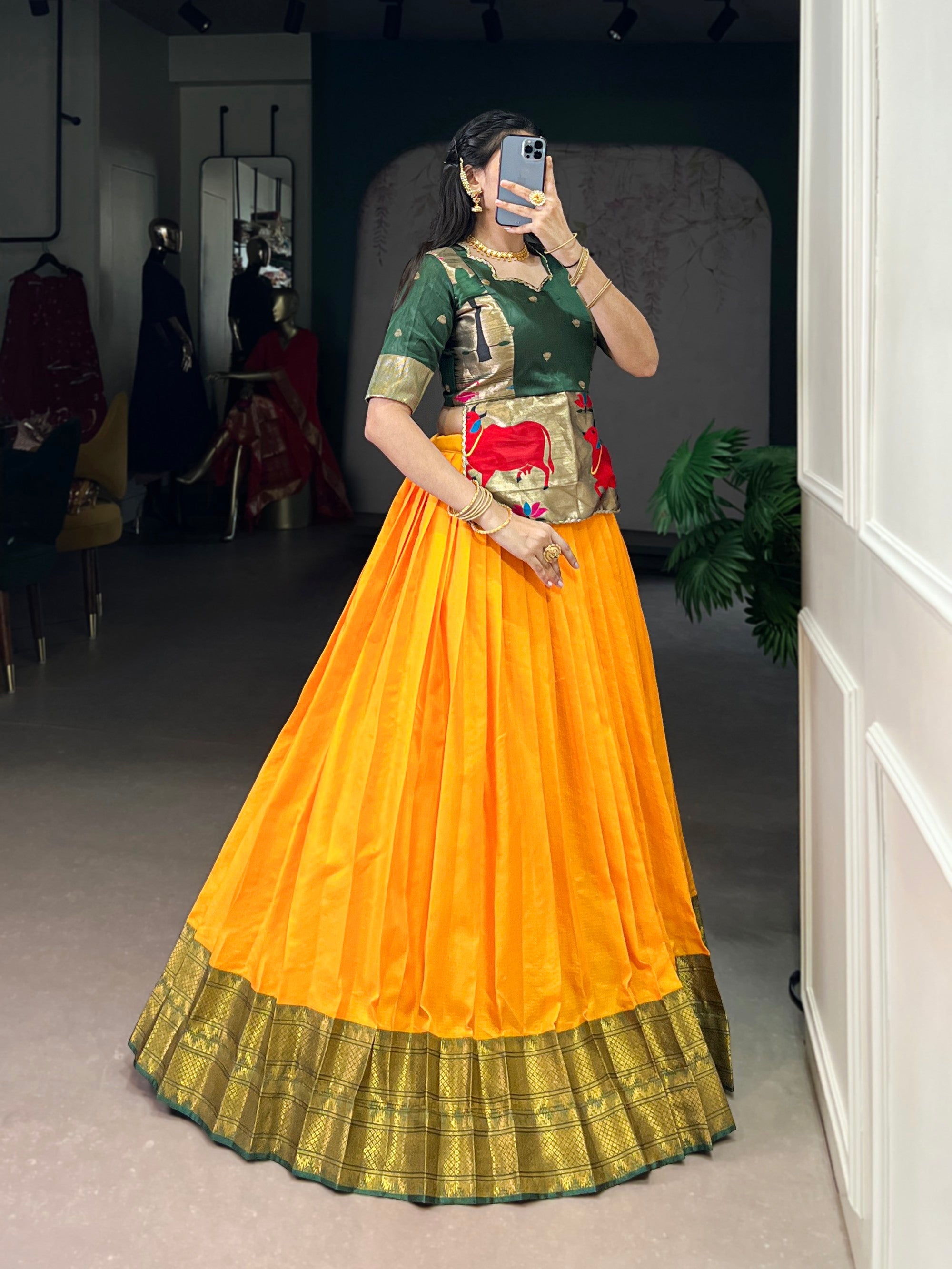 Mustard Cotton Silk Lehenga Choli with Zari Weaving Work