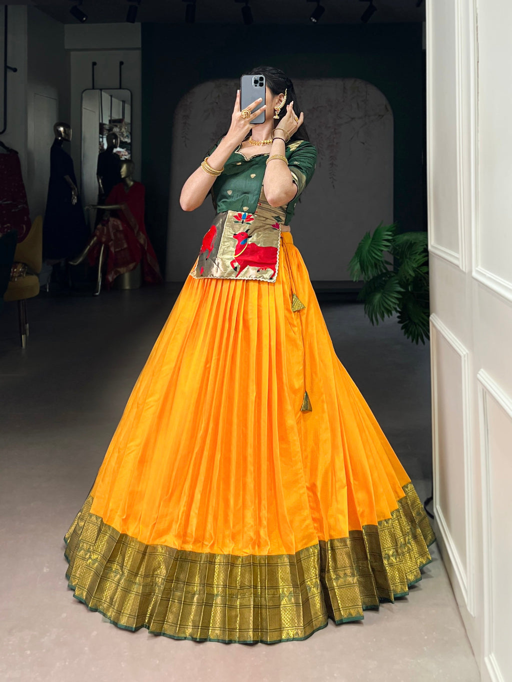 Mustard Cotton Silk Lehenga Choli with Zari Weaving Work