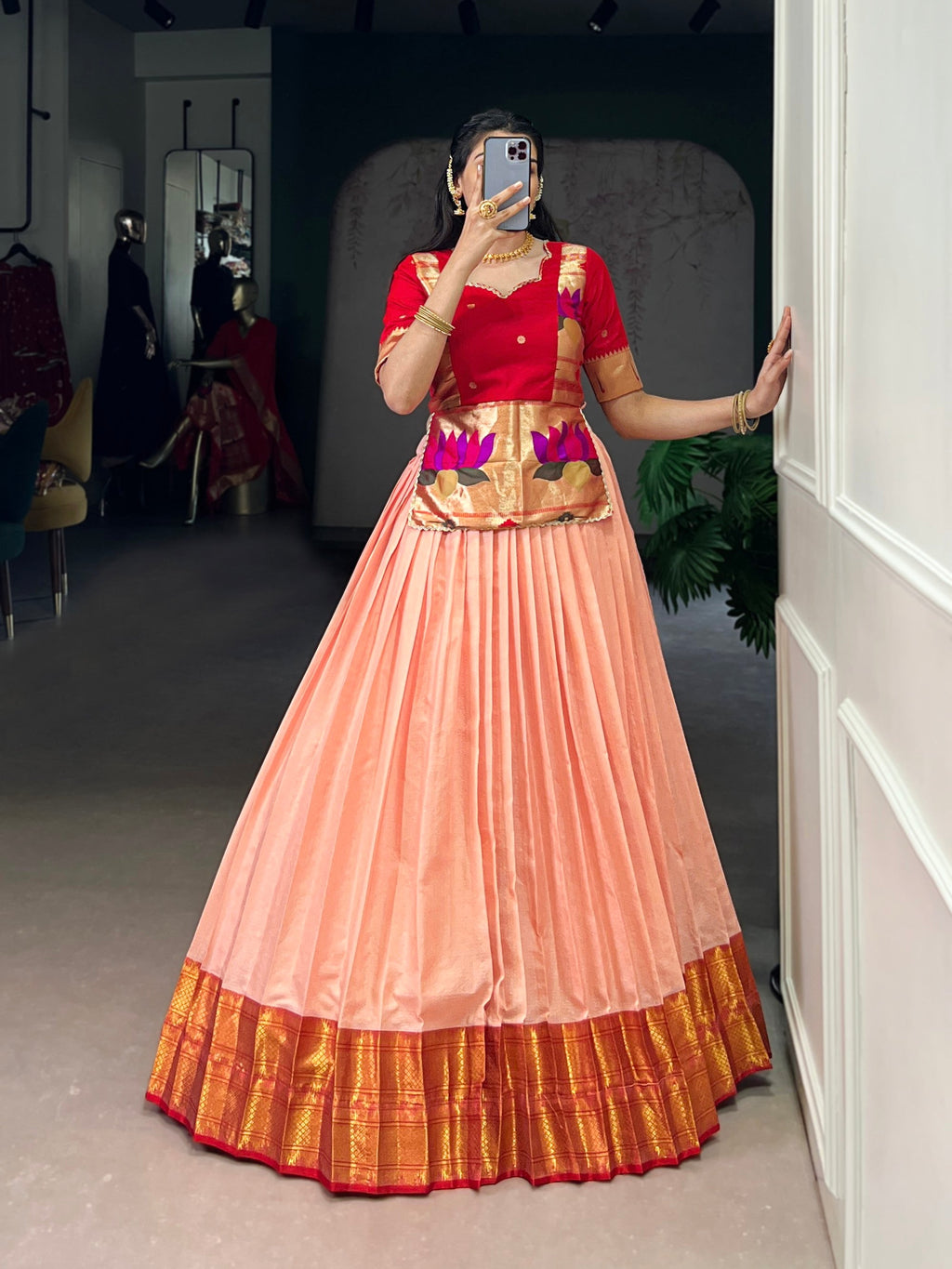 Peach Cotton Silk Zari Weaving Lehenga Choli Jacquard Set