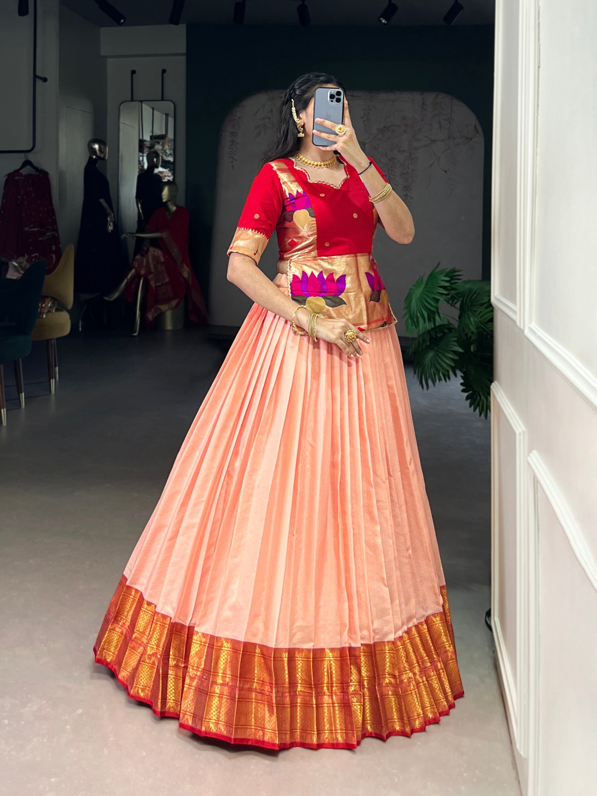 Peach Cotton Silk Zari Weaving Lehenga Choli Jacquard Set