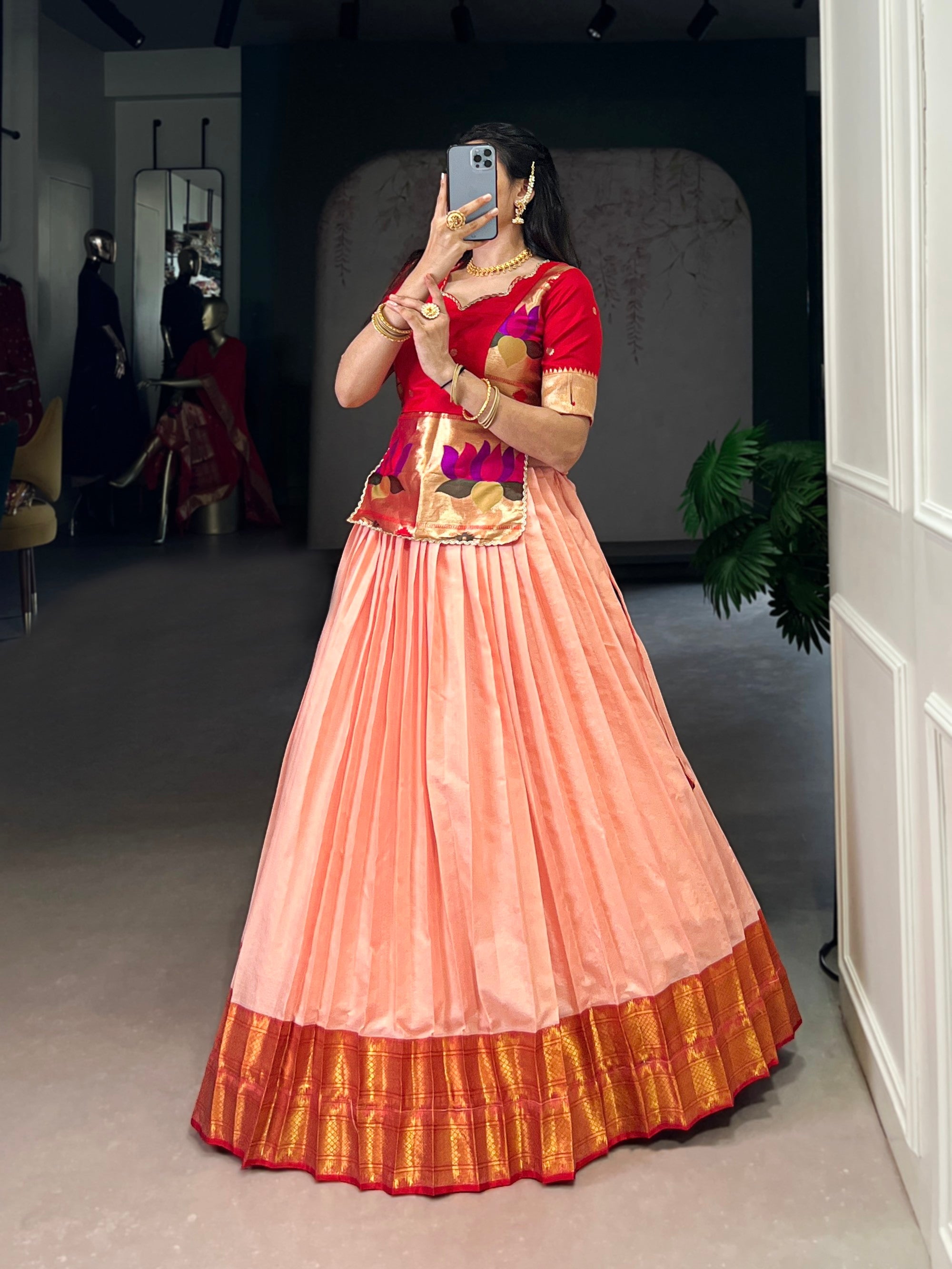 Peach Cotton Silk Zari Weaving Lehenga Choli Jacquard Set