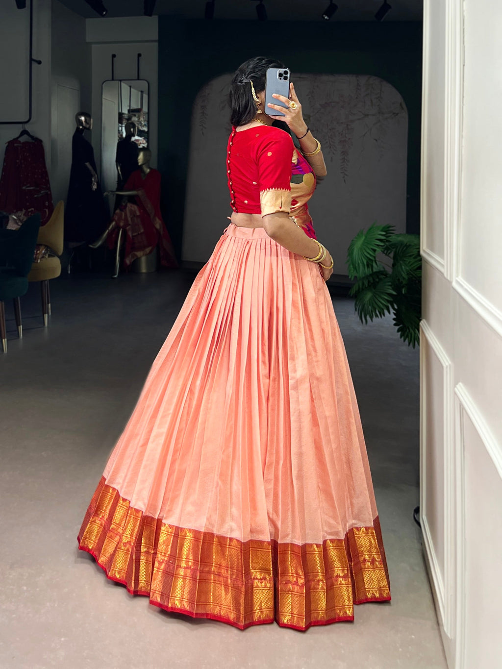 Peach Cotton Silk Zari Weaving Lehenga Choli Jacquard Set
