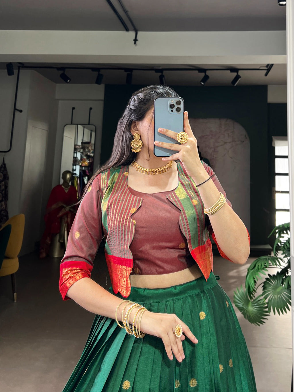Green Poly Cotton Lehenga Choli with Zari Weaving and Koti