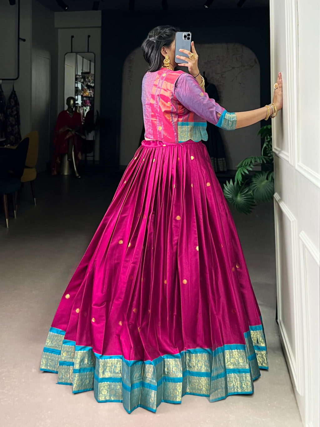 Lorenvalley Fashion Pink Poly Cotton Zari Weaving Work Lehenga Choli With Koti