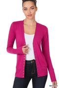 A vibrant magenta full-sleeve cardigan with snap-button front closure