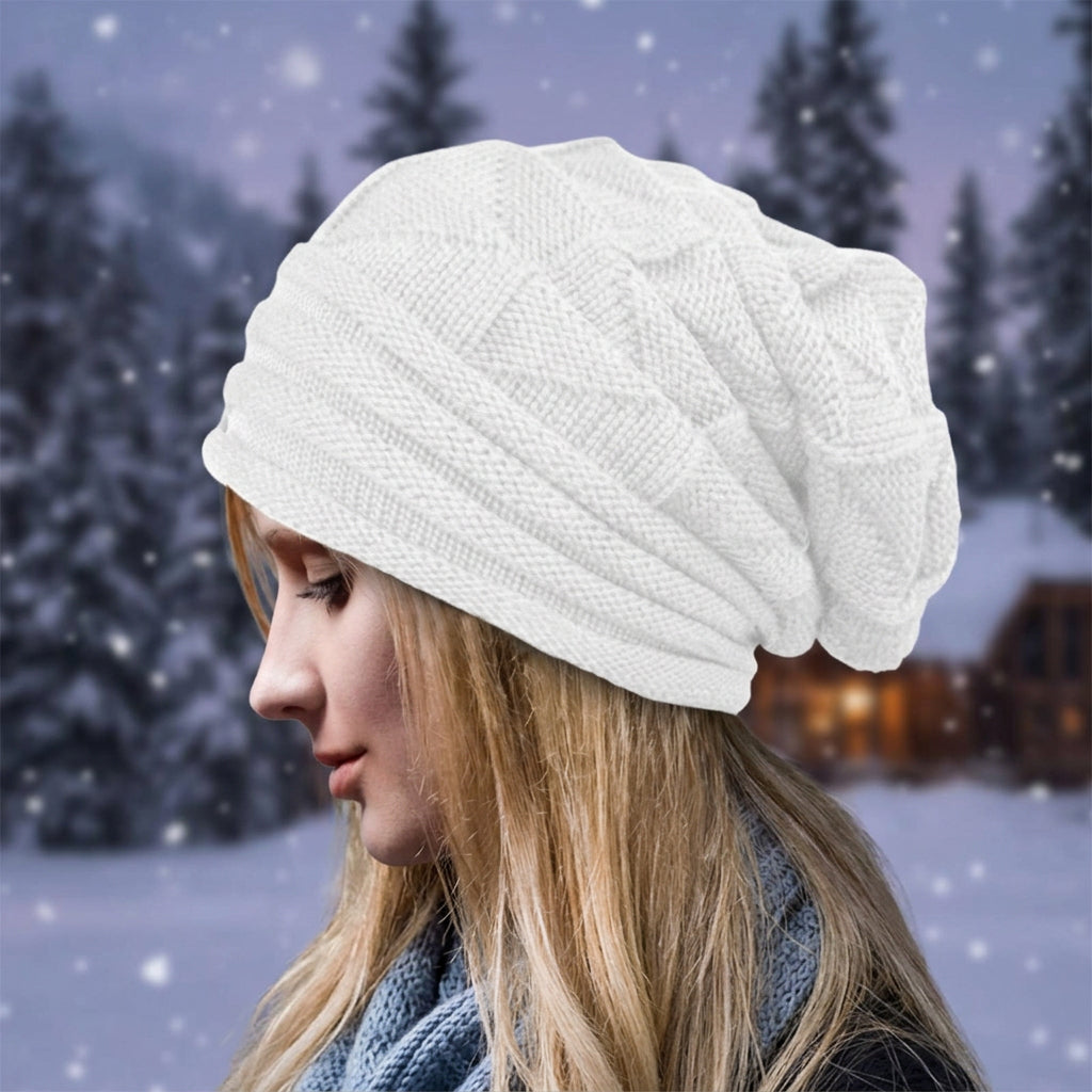 Wool Pleated Cuffed Knit Beanie – Flat Top Grid Pattern Winter Hat