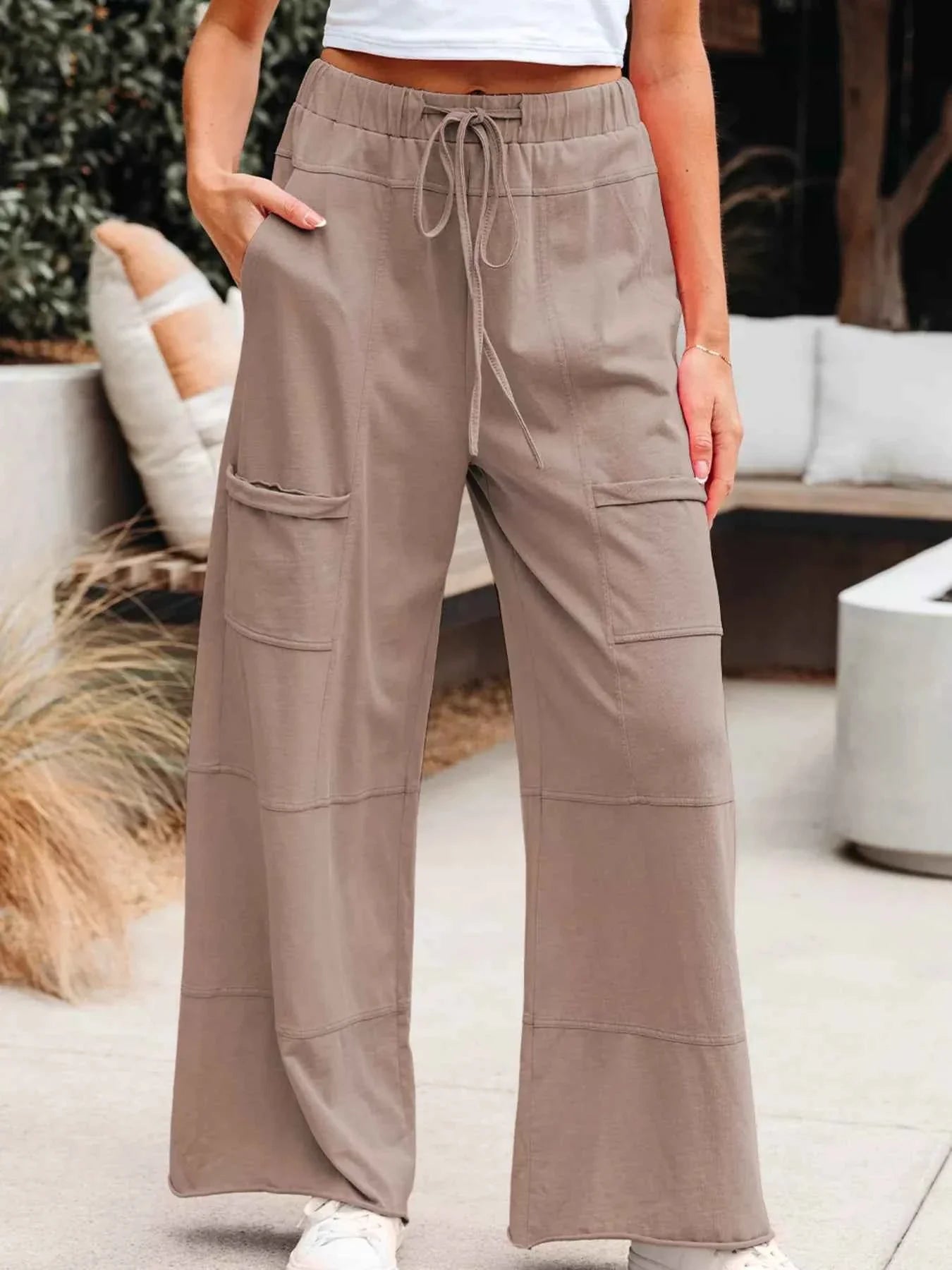 Mineral Wash Exposed Seam Drawstring Elastic Waistband Wide Leg Cargo Pants