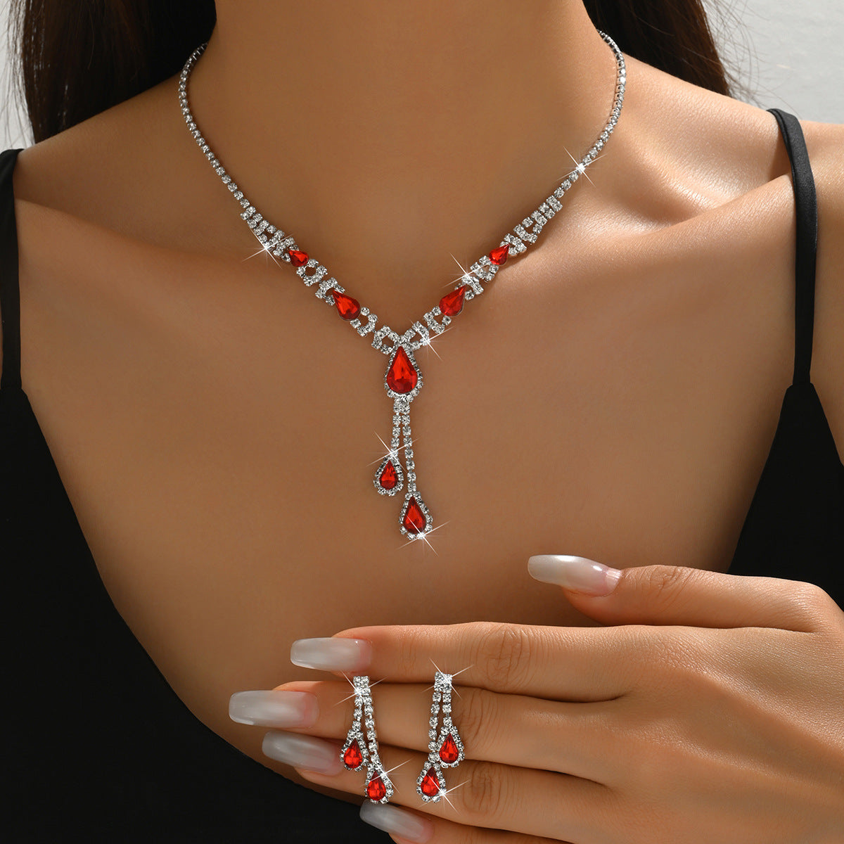 2026 New Fashion Accessories Red Water Drop Necklace Earrings Bridal Wedding Party Jewelry