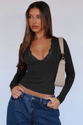Lace Detail V-Neck Long Sleeve T-Shirt