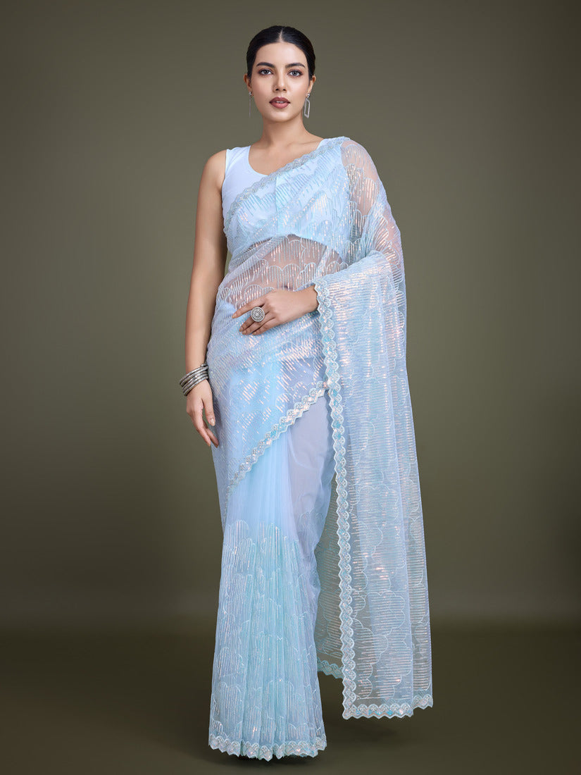 Light sky blue net saree with shimmering sequin embellishments