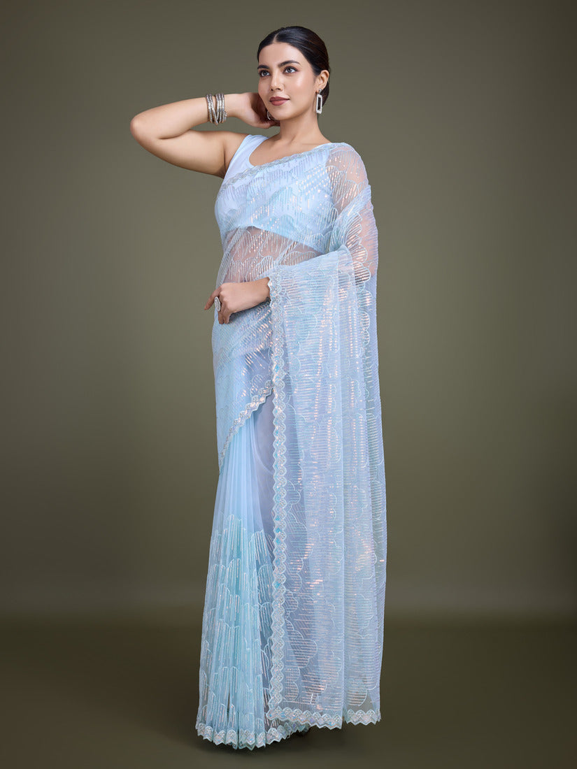 Light Sky Blue Soft Net Saree with Exquisite Sequin Work