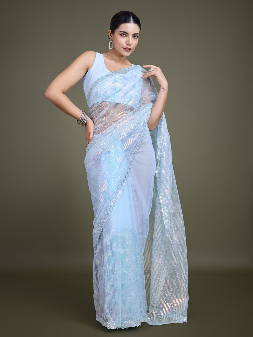 Light Sky Blue Soft Net Saree with Exquisite Sequin Work