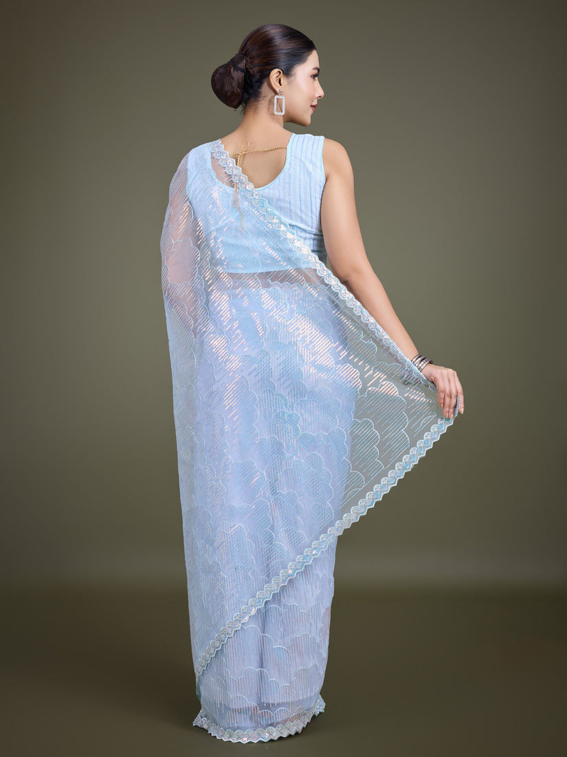 Light Sky Blue Soft Net Saree with Exquisite Sequin Work