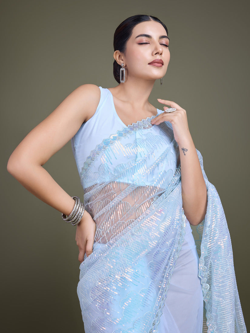 Light Sky Blue Soft Net Saree with Exquisite Sequin Work