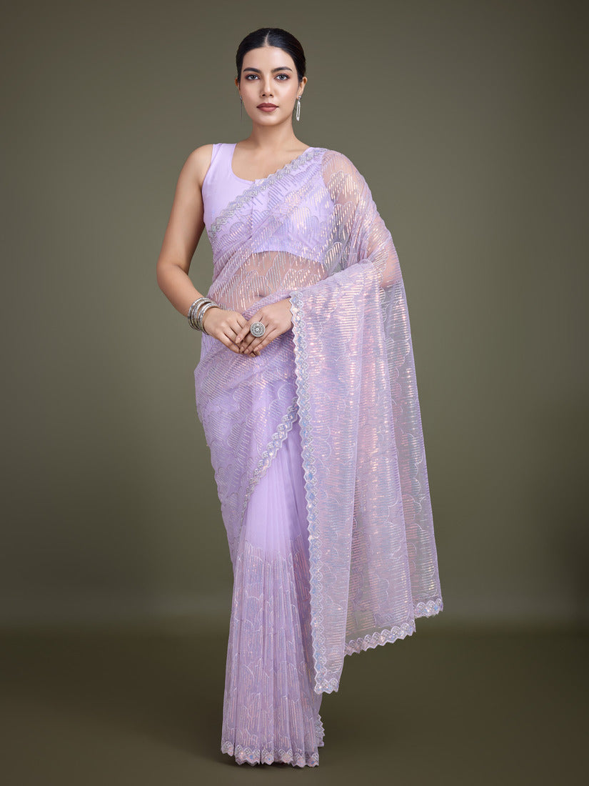 Lavender soft net saree with sparkling sequin embroidery