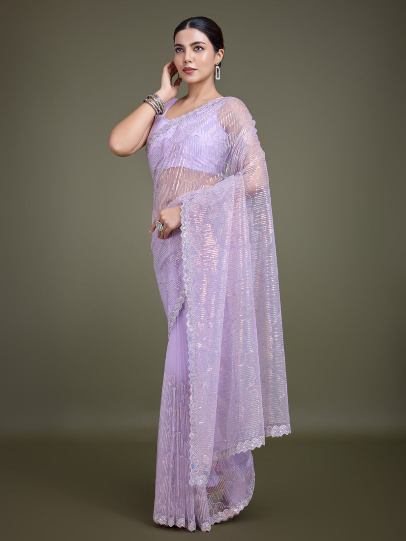 Lavender Soft Net Saree with Exquisite Sequin Work